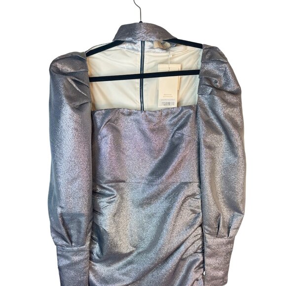 NWT Silver Choosy Dress Size 2 Long Puff Sleeve Ruched Mini Lined 100% Polyester - Picture 7 of 13